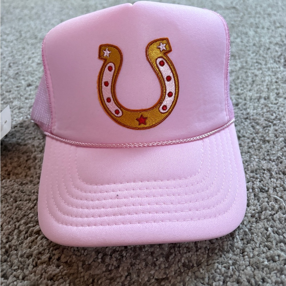 Pink Trucker Hat with Gold Horseshoe Design